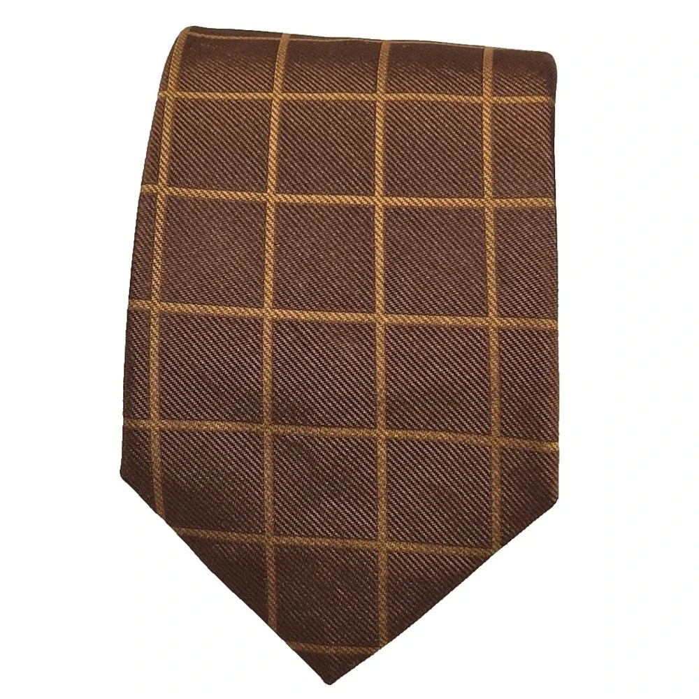 Ermenegildo Zegna‎ Brown & Gold Grid Tie 100% Silk Men's Necktie